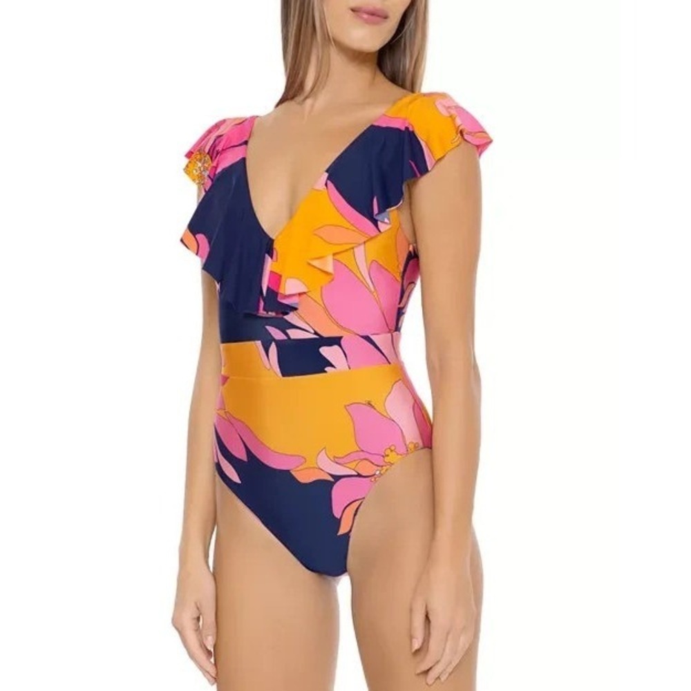 Trina Turk One Piece Swimsuit Women 8 Multicolor Floral Ruffle V-Neck Resortwear